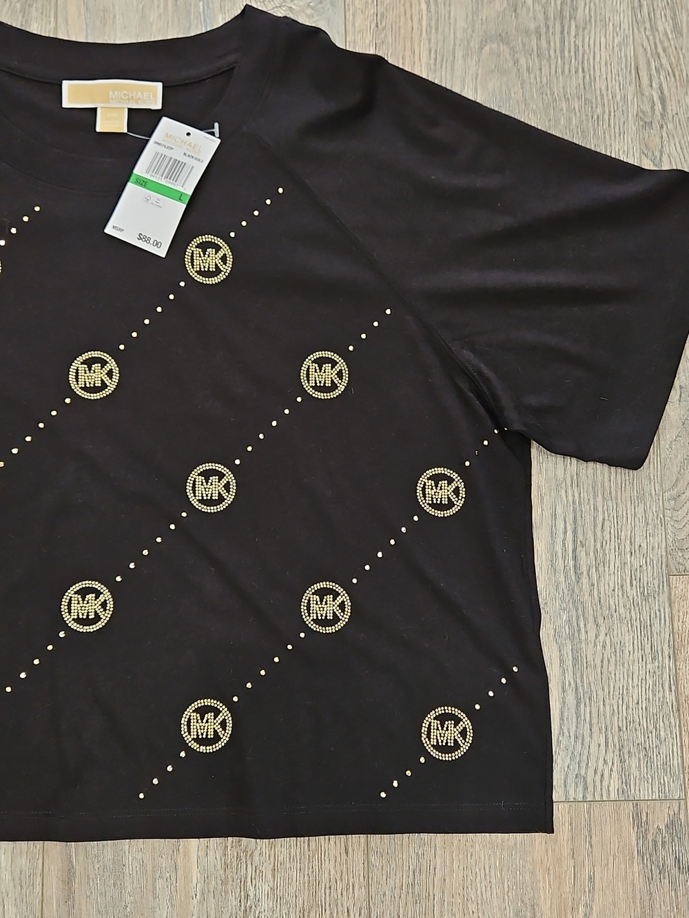 Michael Kors Black Short-Sleeve Tee with Gold MK Emblem Pattern - Picture 2 of 5